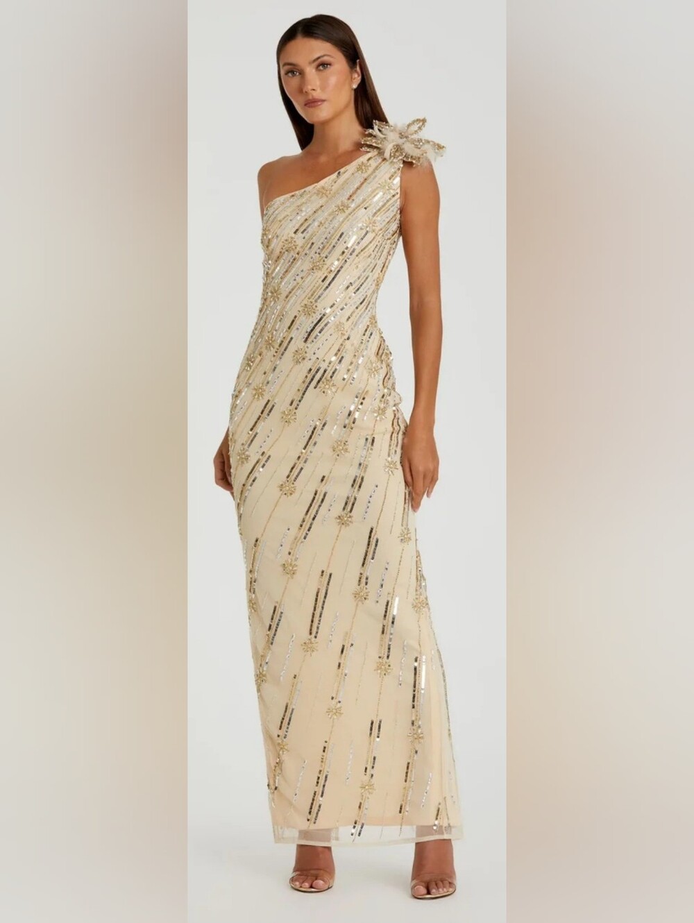 Mac Duggal 93739 Gold Embellished Floral Detail One Shoulder Gown NWT Sz 12 Nude